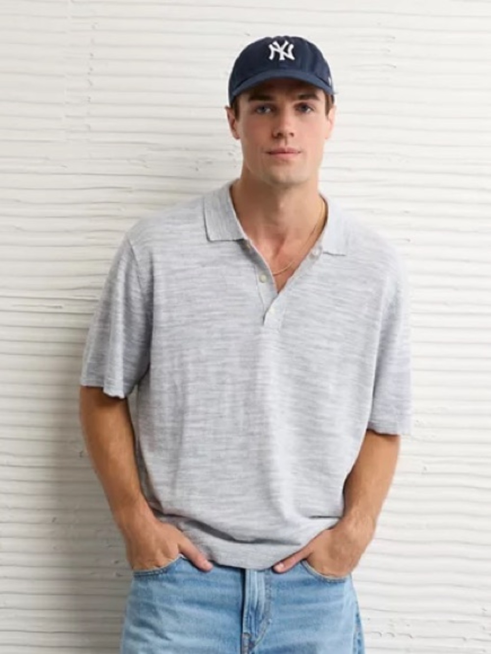 American Eagle Space Dye Sweater Polo Shirt in Light Blue, size L Men’s